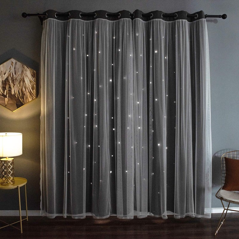 Kinryb Grey Star Curtains for Bedroom Star Hollow Out Blackout Curtains for Kids Room Decor Double Layer Cut Out Window 2 Panel with Tiebacks 52W x 84L Grey - Image 1